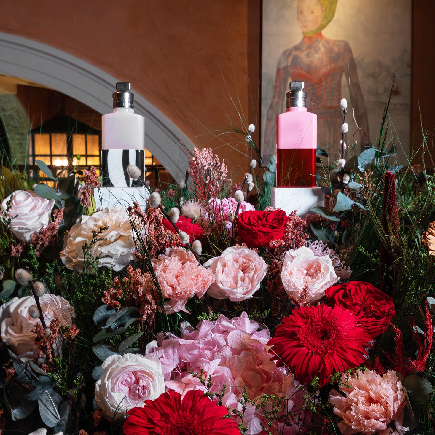 Preserved mixed flowers installation for perfume launch