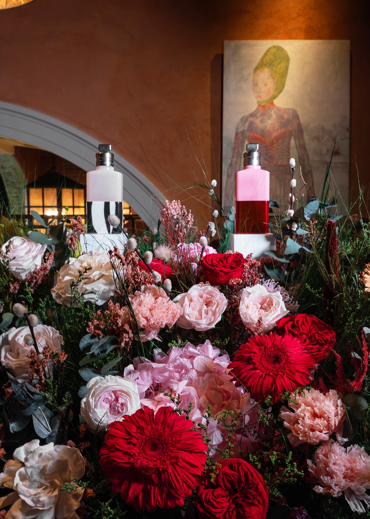 Preserved mixed flowers installation for perfume launch