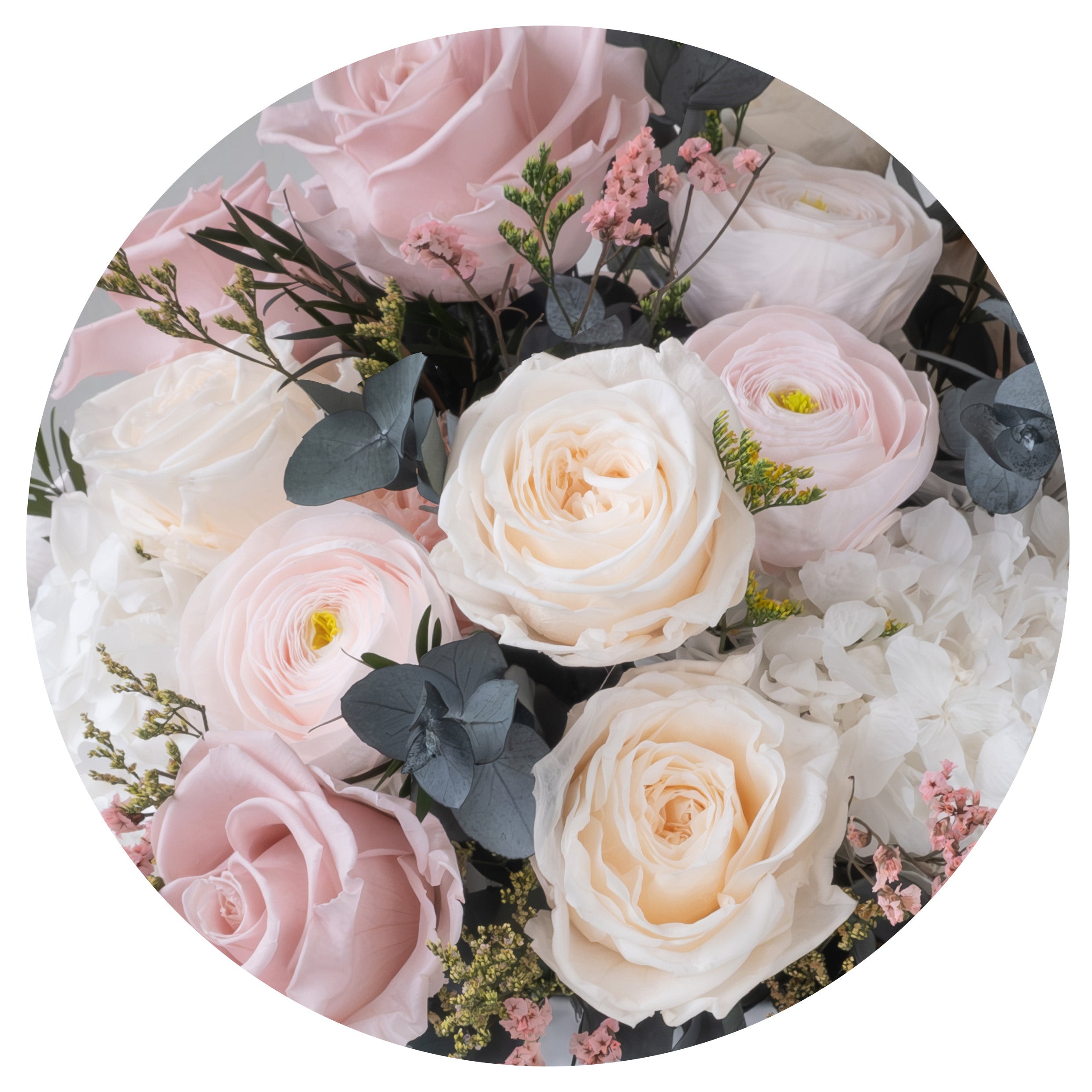 Preserved pink mixed flower arrangement