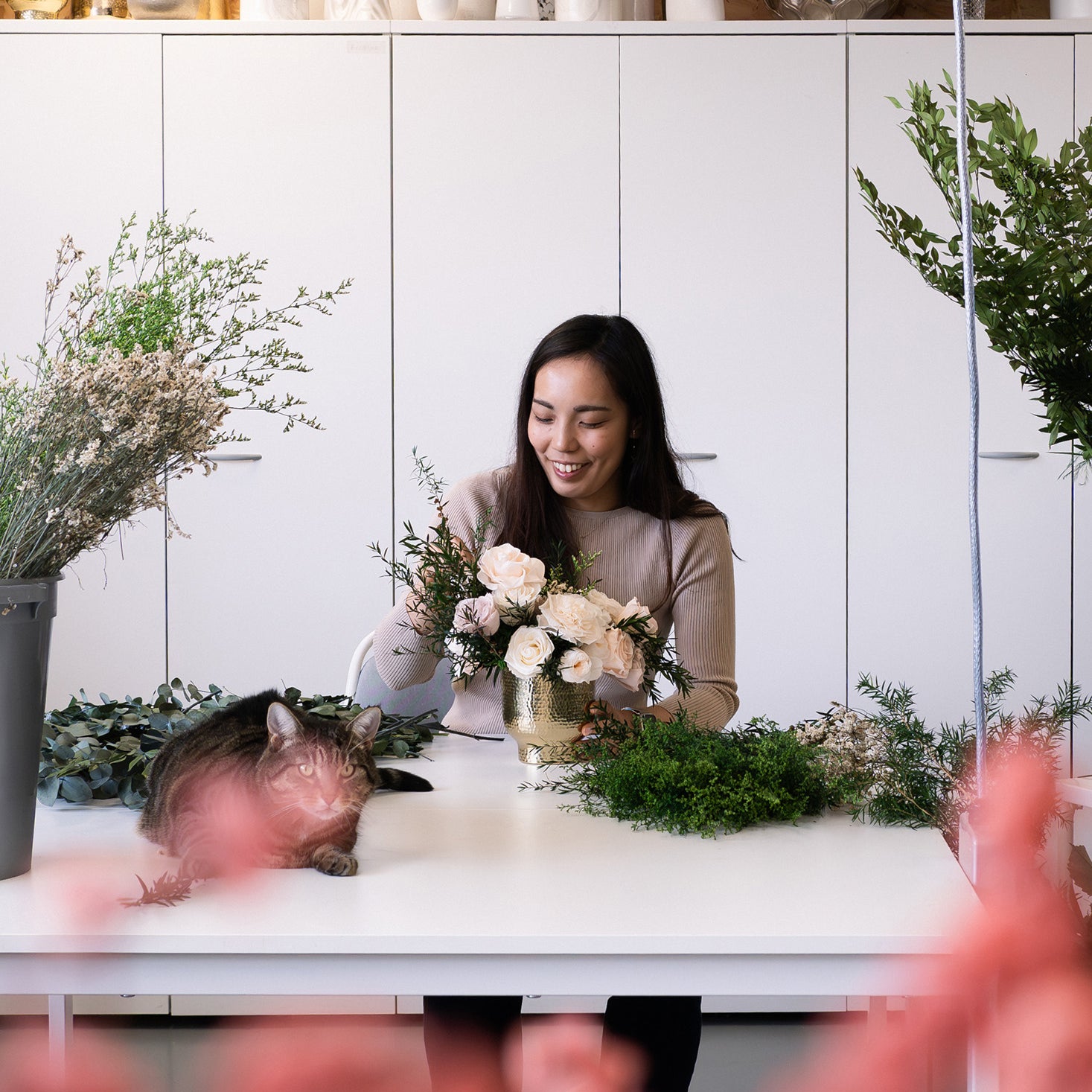 Preserved flower arrangement being made in the London studio