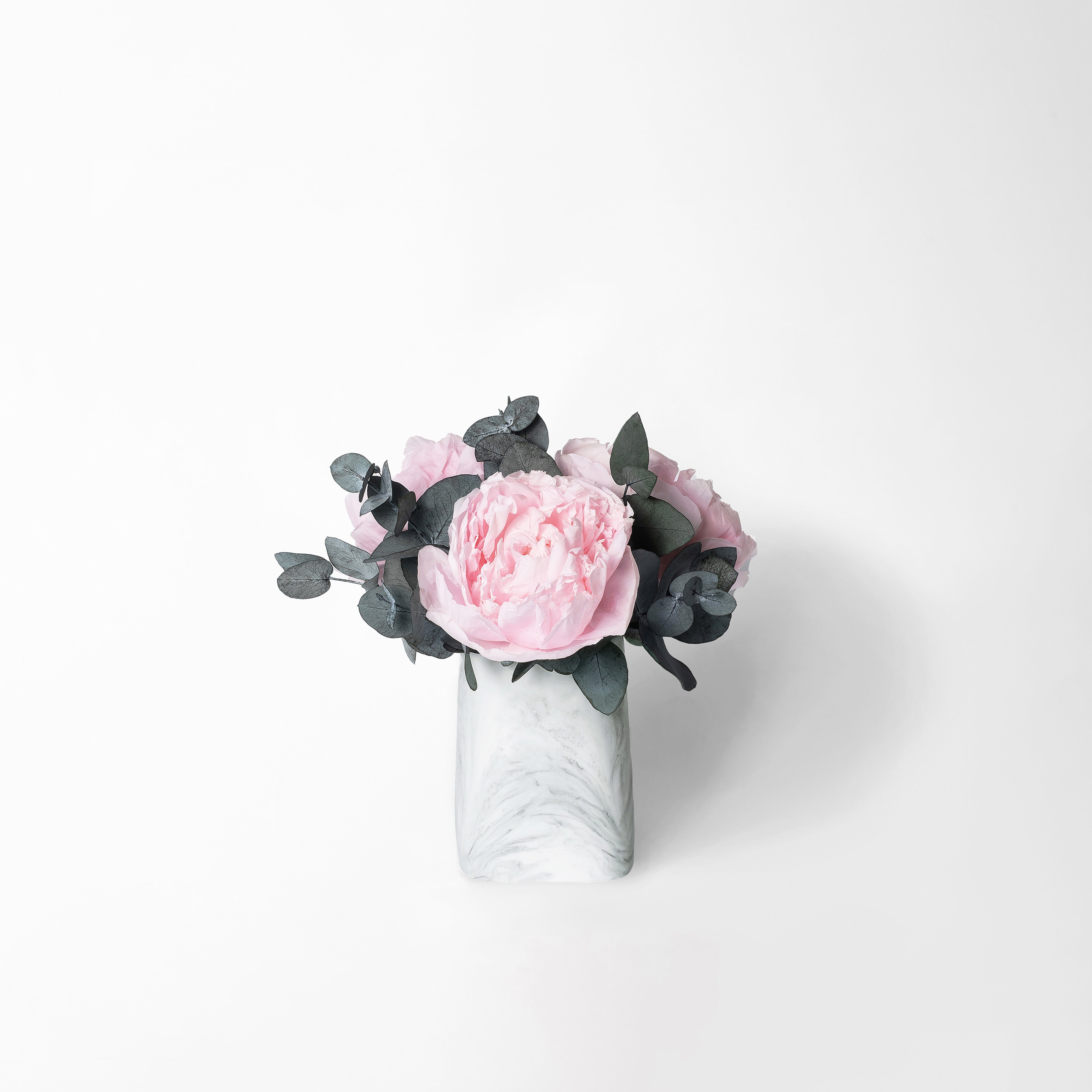 PRESERVED PINK PEONY ARRANGEMENT IN MARBLE VASE
