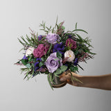 VICTORIA - PRESERVED LILAC AND PURPLE MIXED FLOWER ARRANGEMENT IN GOLD GLASS VASE
