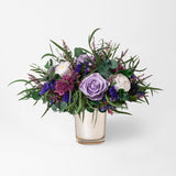 VICTORIA - PRESERVED LILAC AND PURPLE MIXED FLOWER ARRANGEMENT IN GOLD GLASS VASE