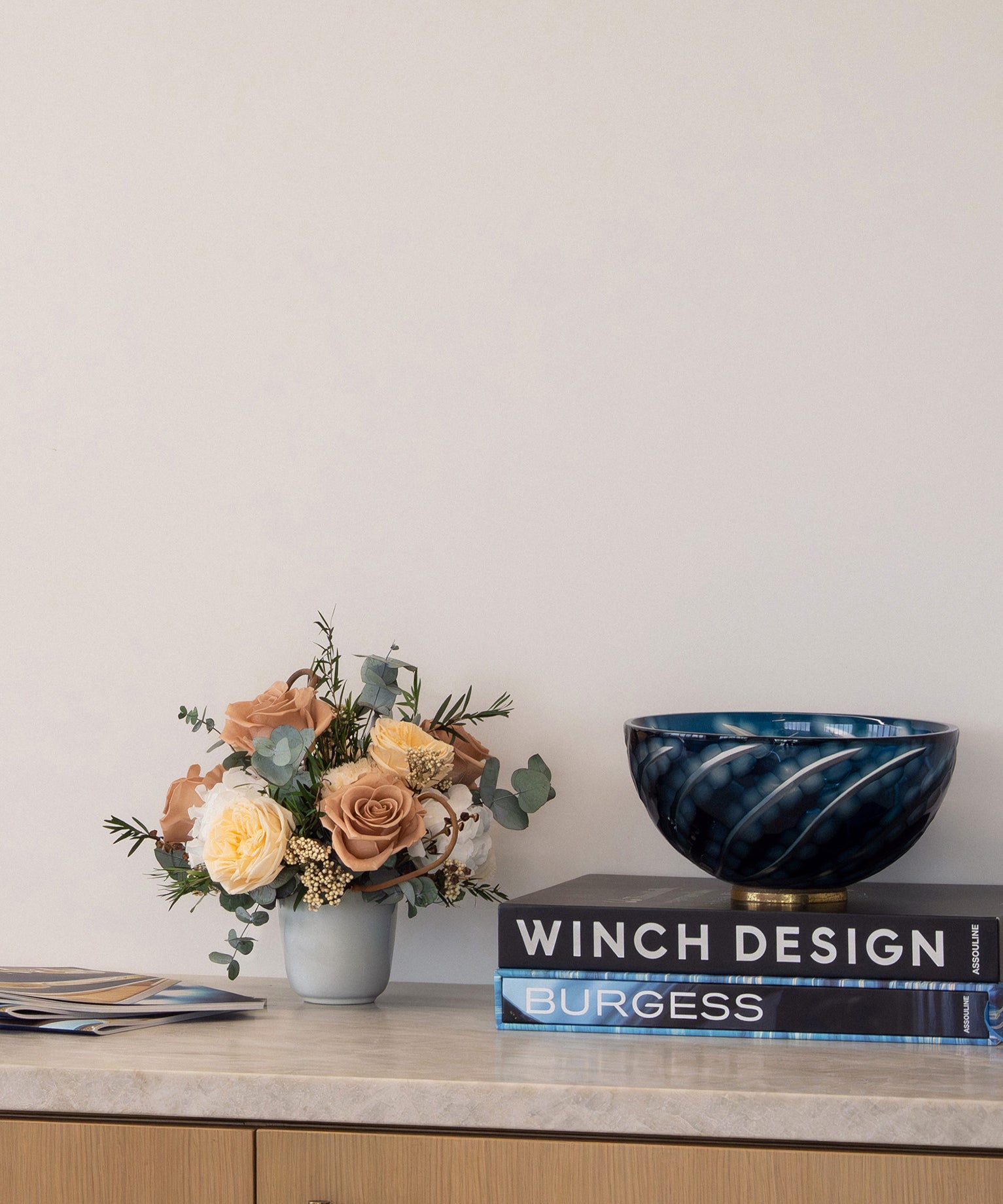 Preserved mixed flower arrangement in the office space