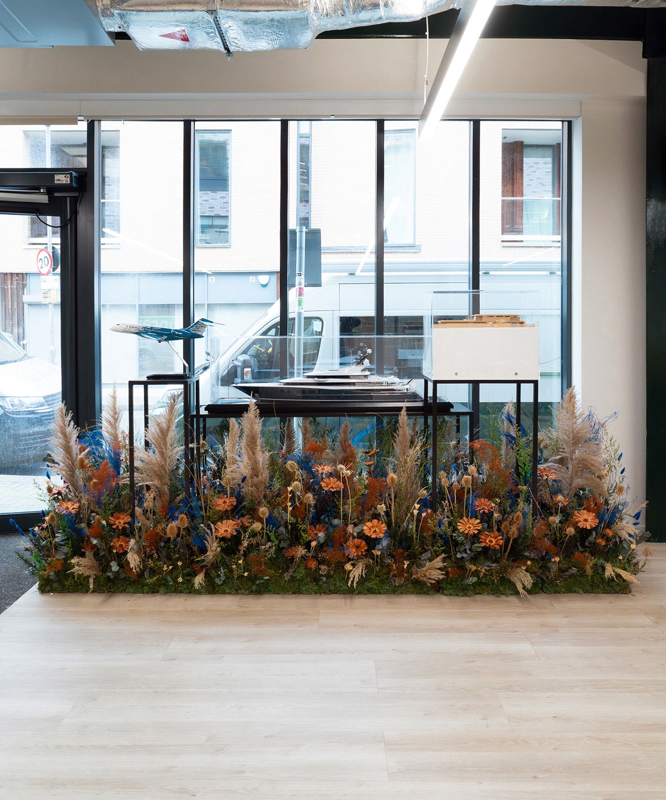 Preserved mixed flower installation created for a leading yacht design company