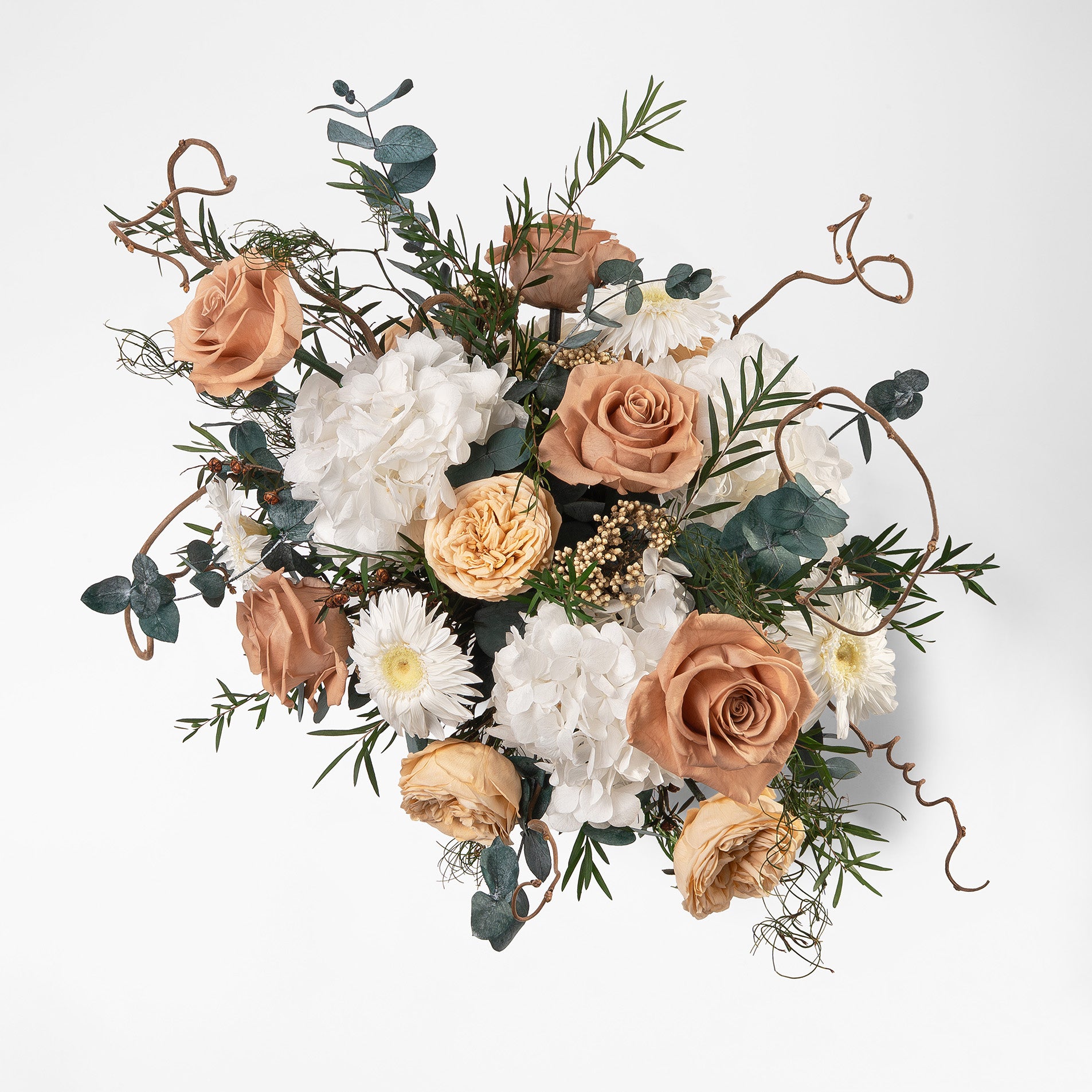 PRESERVED WHITE AND TOFFEE MIXED FLOWER ARRANGEMENT IN CERAMIC VASE