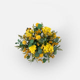 PRESERVED YELLOW WILD MIXED FLOWER ARRANGEMENT IN GREY BAMBOO VASE