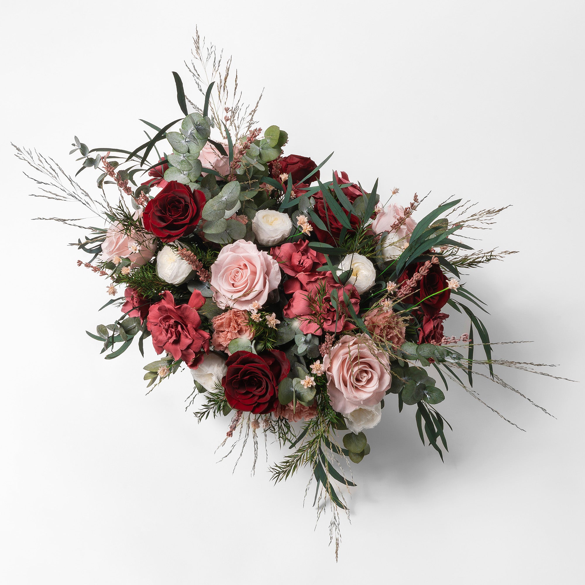 PRESERVED BURGUNDY & CHERRY MIXED FLOWER ARRANGEMENT IN GREY FOOTED VASE