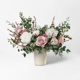 PRESERVED WHITE AND DUSTY PINK MIXED FLOWER ARRANGEMENT IN CERAMIC VASE