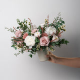 PRESERVED WHITE AND DUSTY PINK MIXED FLOWER ARRANGEMENT IN CERAMIC VASE