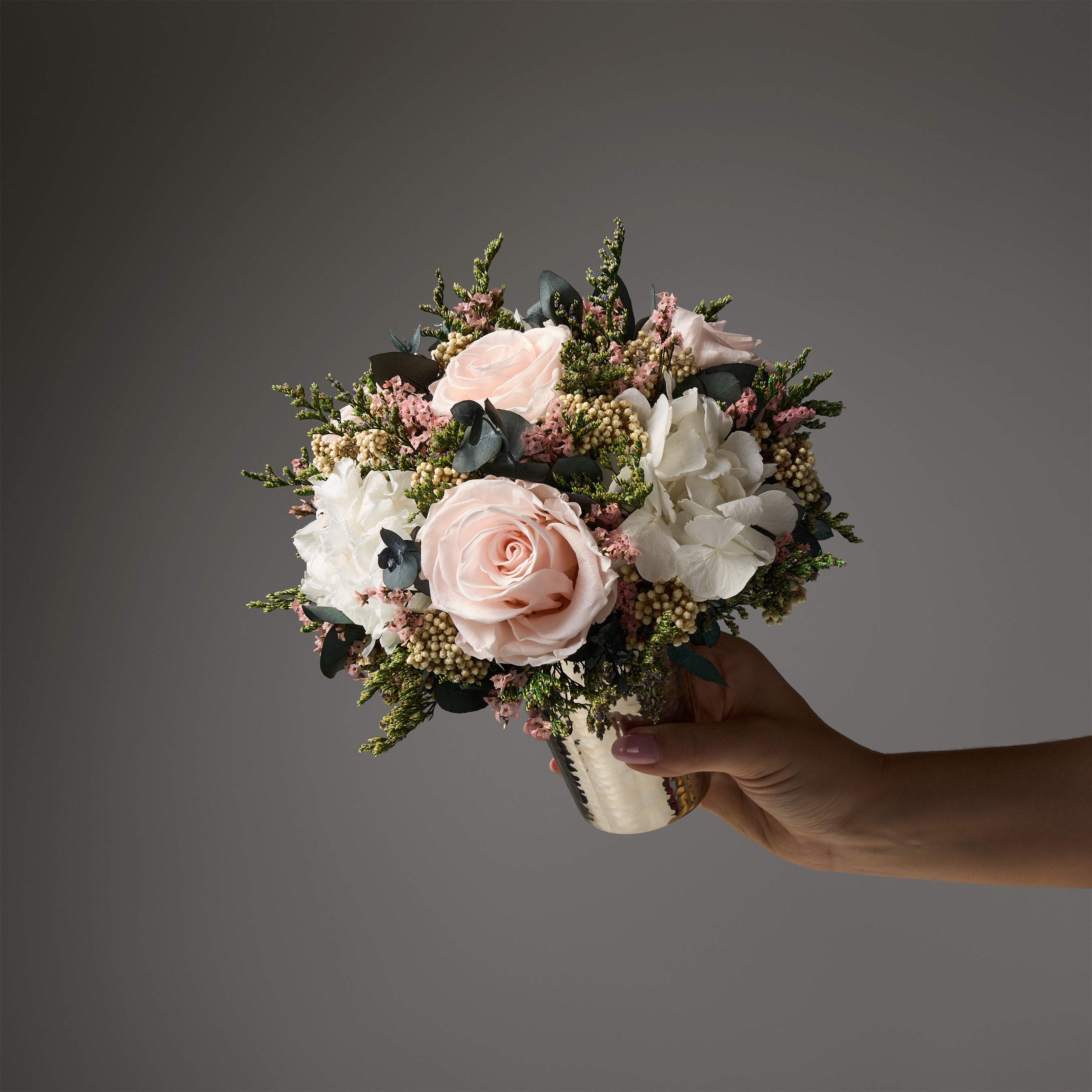 PRESERVED PINK MIXED FLOWER ARRANGEMENT IN SILVER METAL VASE