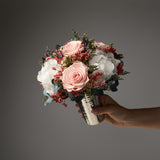 PRESERVED PINK AND WHITE MIXED FLOWER ARRANGEMENT IN SILVER METAL VASE
