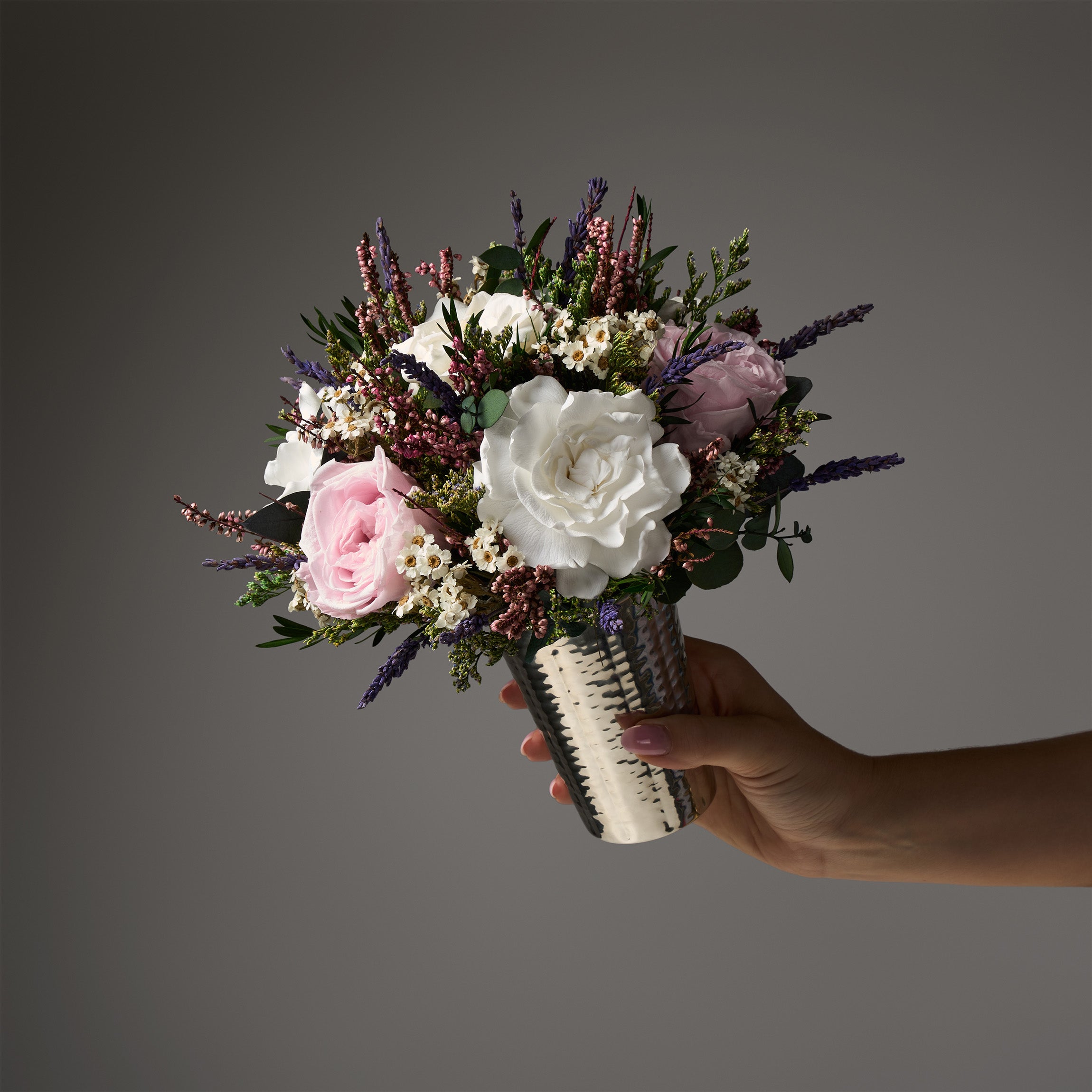 PRESERVED WHITE AND LILAC MIXED FLOWER ARRANGEMENT IN SILVER VASE