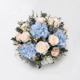 FLORENCE - PRESERVED WHITE AND BLUE MIXED FLOWER ARRANGEMENT IN YOUR CHOICE OF VASE