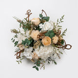 PRESERVED WHITE AND PEACH WILD MIXED FLOWER ARRANGEMENT IN STONE VASE