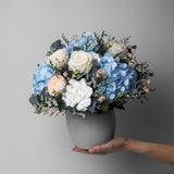 FLORENCE - PRESERVED WHITE AND BLUE MIXED FLOWER ARRANGEMENT IN YOUR CHOICE OF VASE