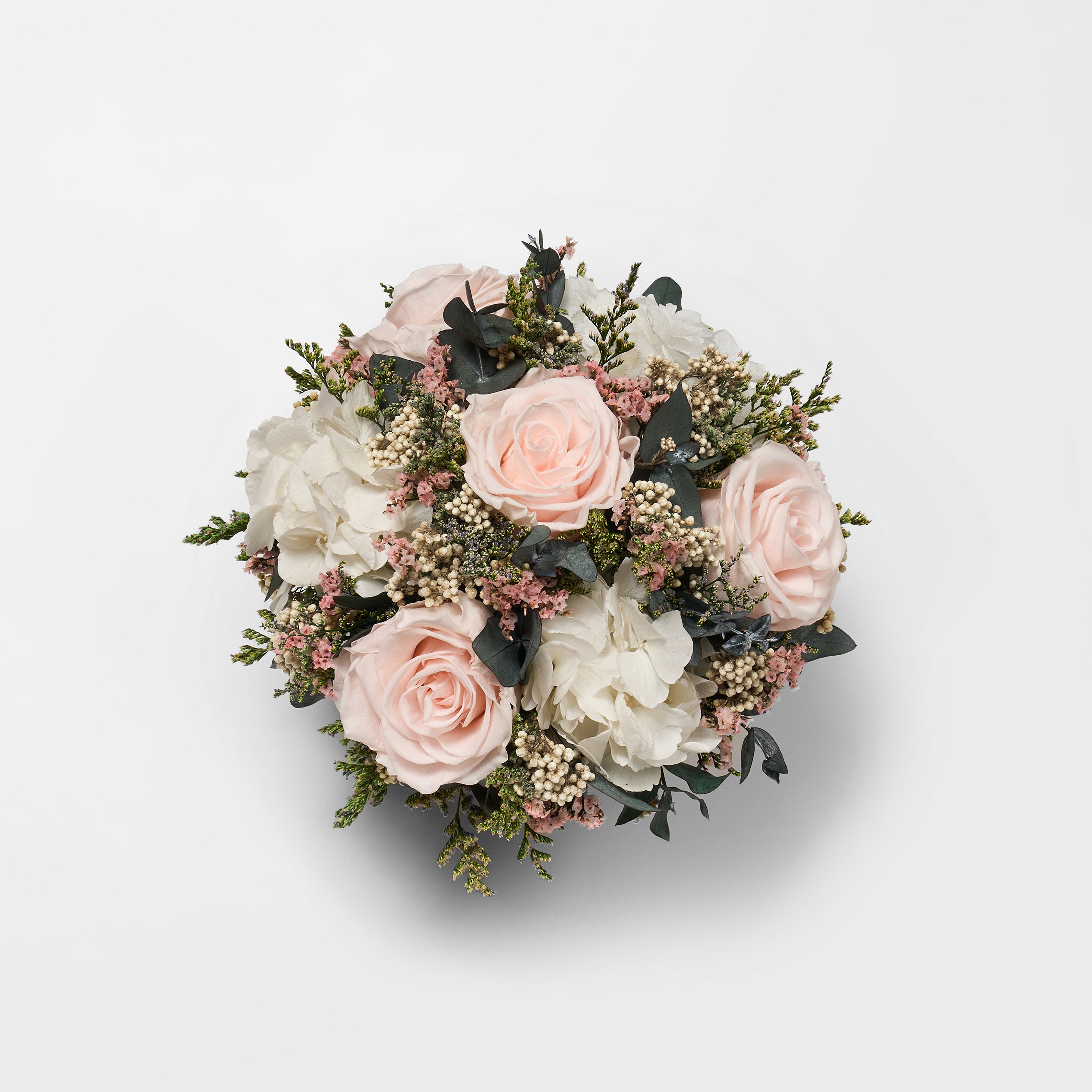 PRESERVED PINK MIXED FLOWER ARRANGEMENT IN SILVER METAL VASE