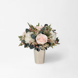 PRESERVED PINK MIXED FLOWER ARRANGEMENT IN SILVER METAL VASE