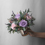 PRESERVED LAVENDER MIXED FLOWER ARRANGEMENT IN GOLD GLASS VASE