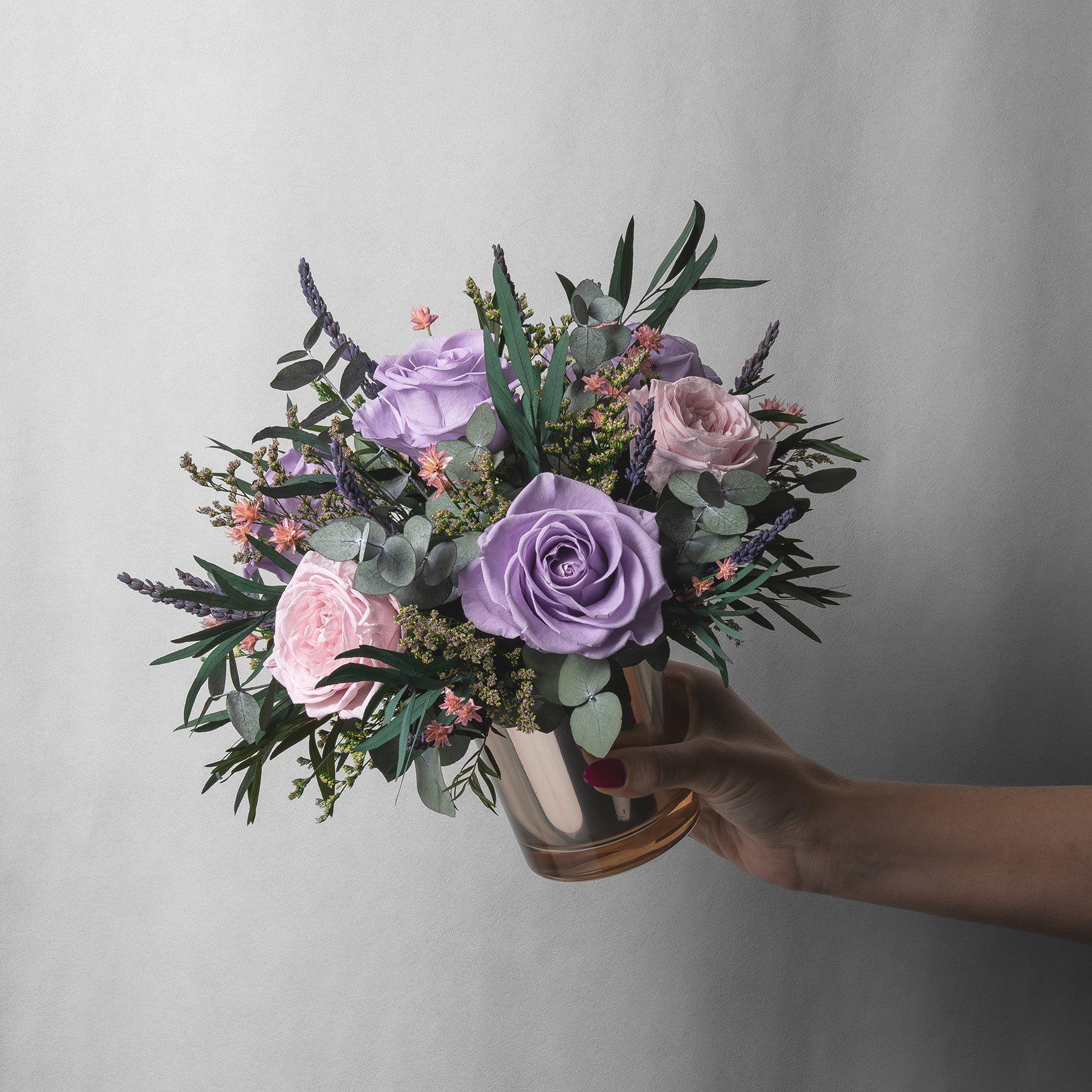 PRESERVED LAVENDER MIXED FLOWER ARRANGEMENT IN GOLD GLASS VASE