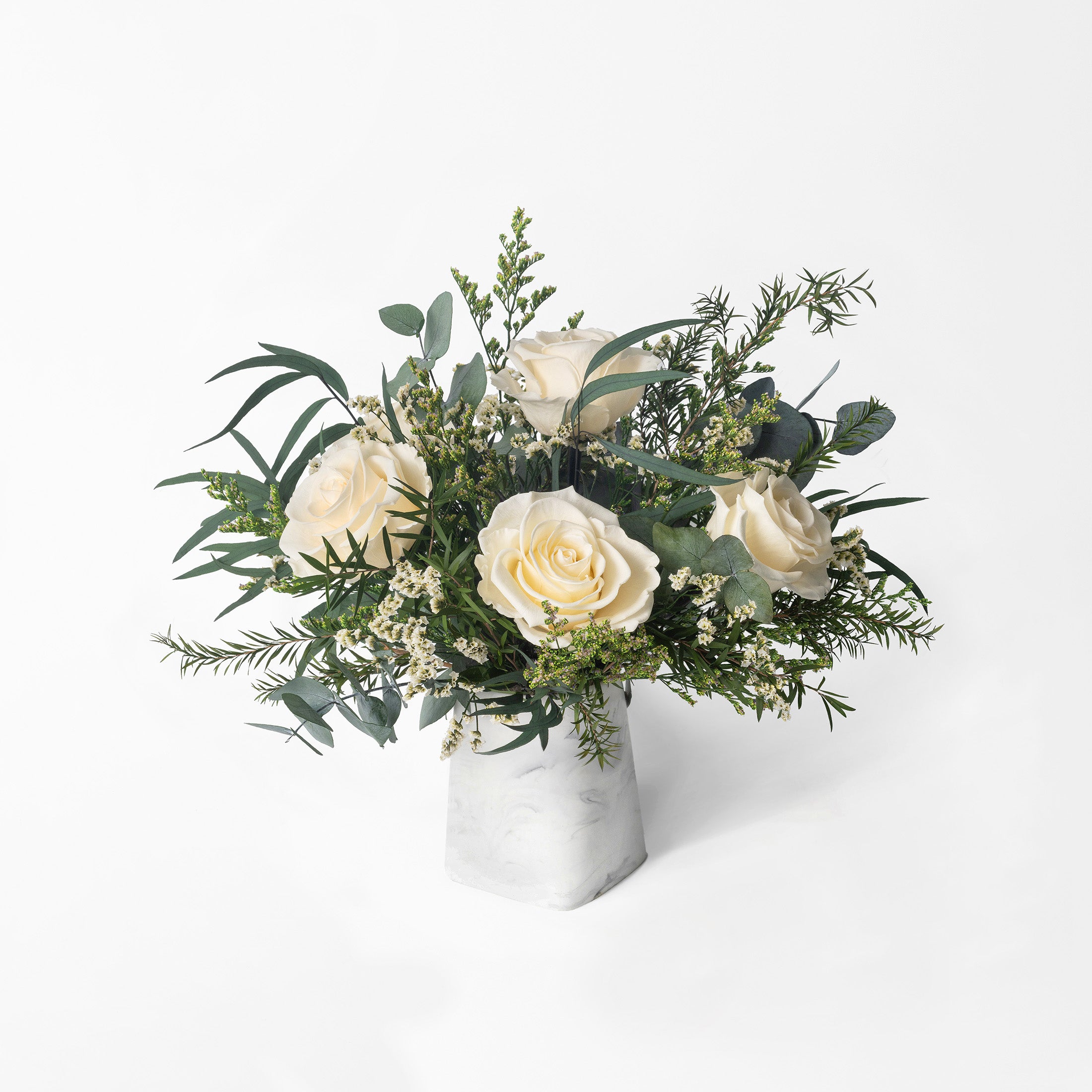 PRESERVED WHITE ROSE WILD ARRANGEMENT IN MARBLE VASE