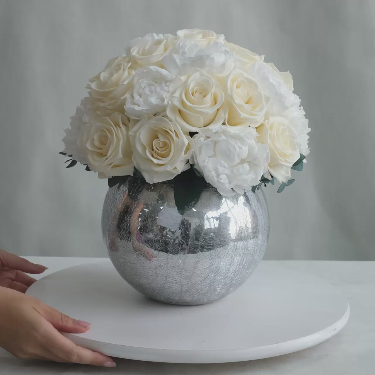 PRESERVED WHITE ROSE AND PEONY DOME ARRANGEMENT IN SILVER VASE