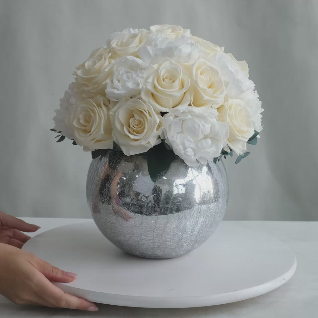 PRESERVED WHITE ROSE AND PEONY DOME ARRANGEMENT IN SILVER VASE
