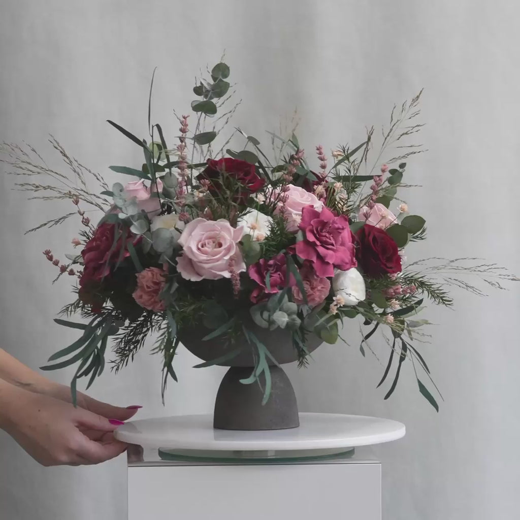 PRESERVED BURGUNDY & CHERRY MIXED FLOWER ARRANGEMENT IN GREY FOOTED VASE