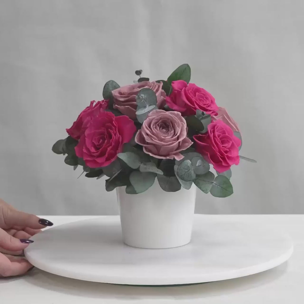 PRESERVED BERRY ROSE ARRANGEMENT IN WHITE VASE