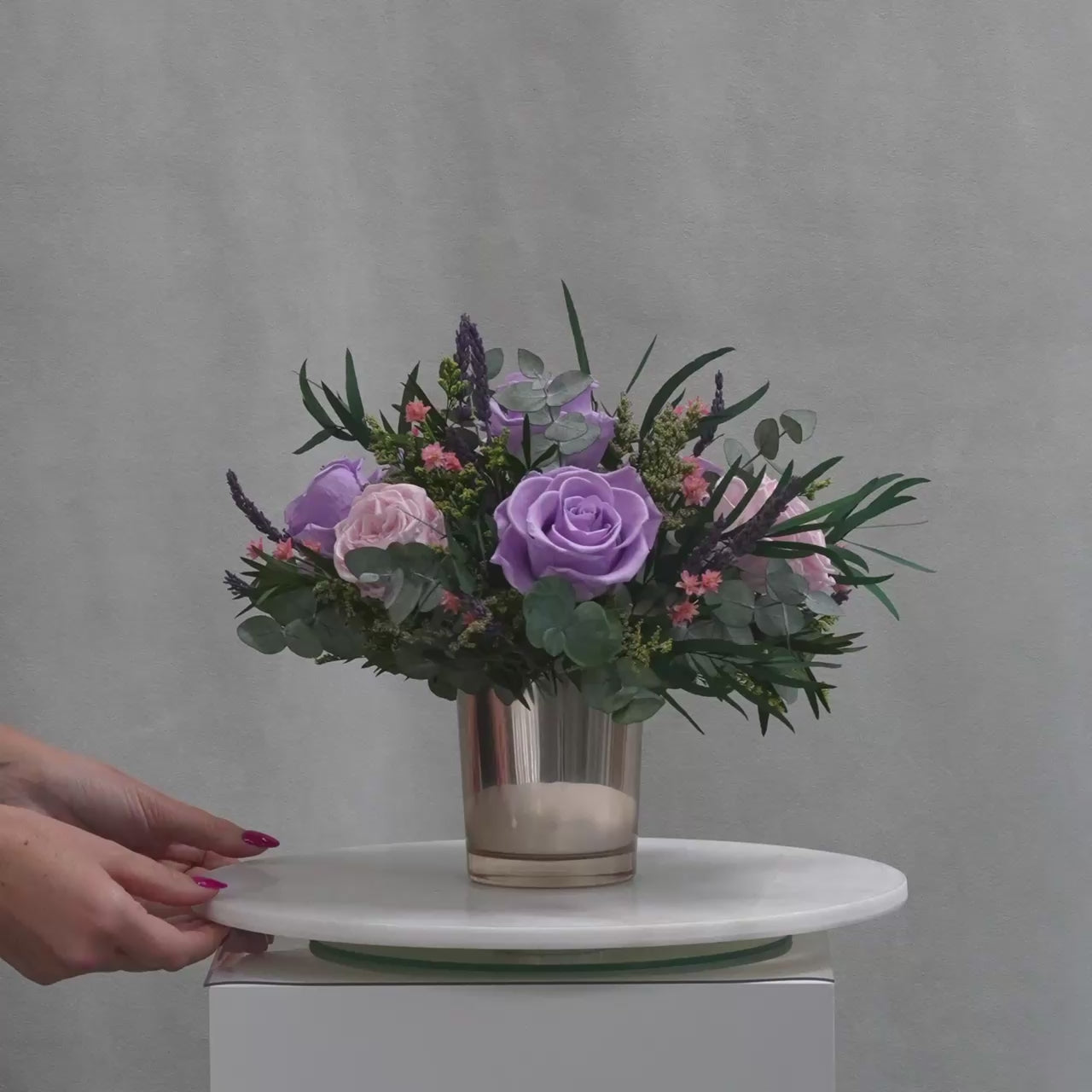 PRESERVED LAVENDER MIXED FLOWER ARRANGEMENT IN GOLD GLASS VASE