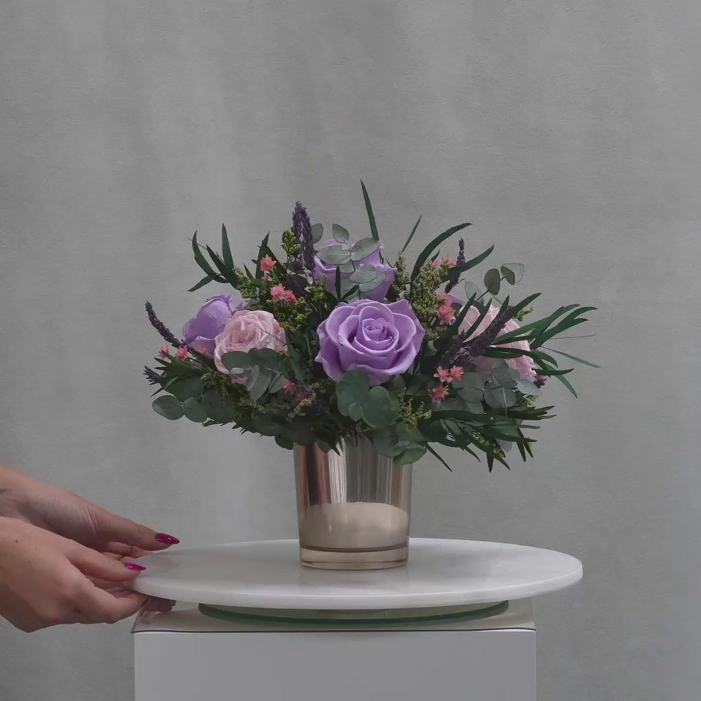 PRESERVED LAVENDER MIXED FLOWER ARRANGEMENT IN GOLD GLASS VASE
