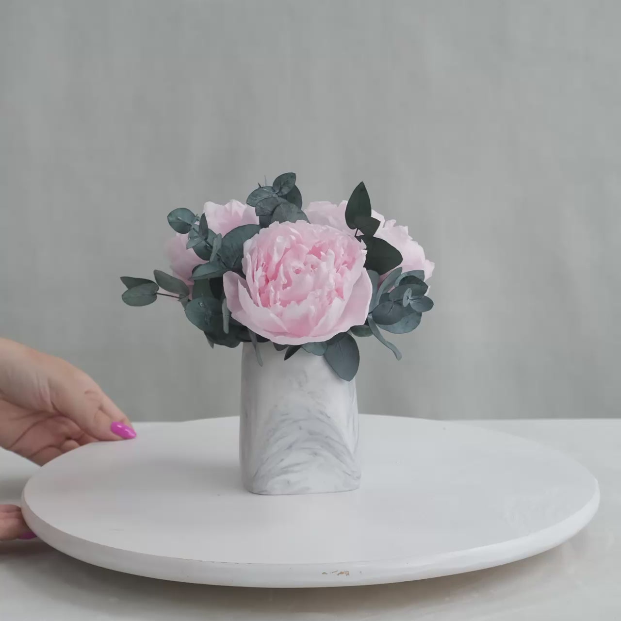 PRESERVED PINK PEONY ARRANGEMENT IN MARBLE VASE