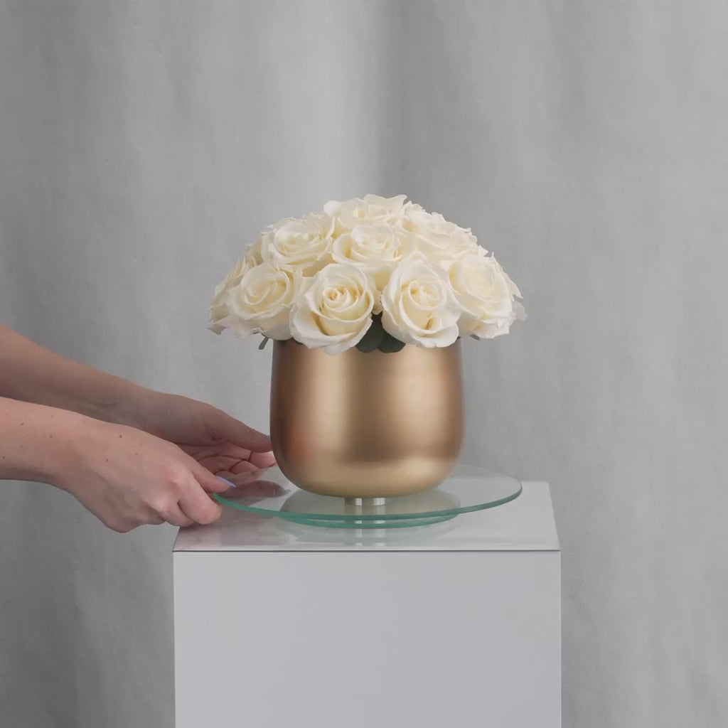 Gold vase with preserved white roses