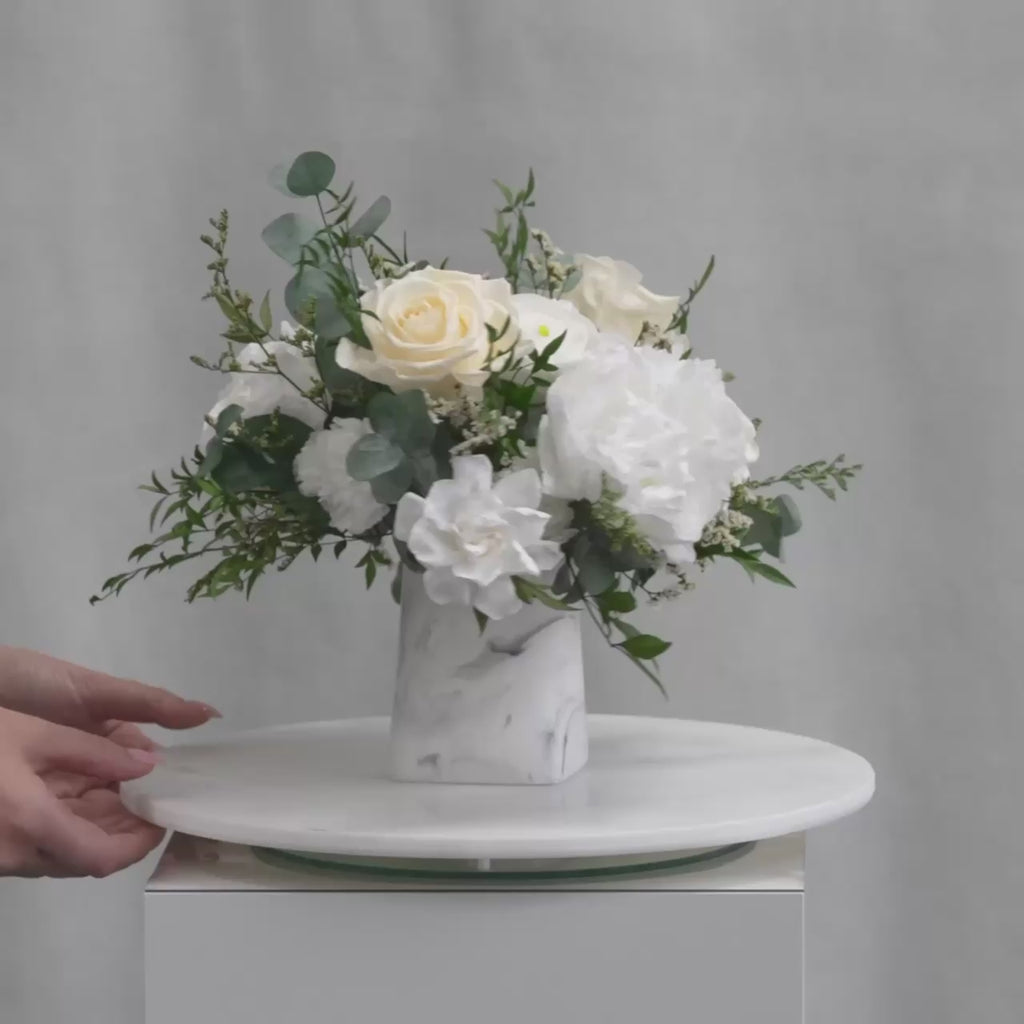 PRESERVED WHITE MIXED FLOWER ARRANGEMENT IN MARBLE VASE