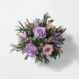 PRESERVED LAVENDER MIXED FLOWER ARRANGEMENT IN GOLD GLASS VASE