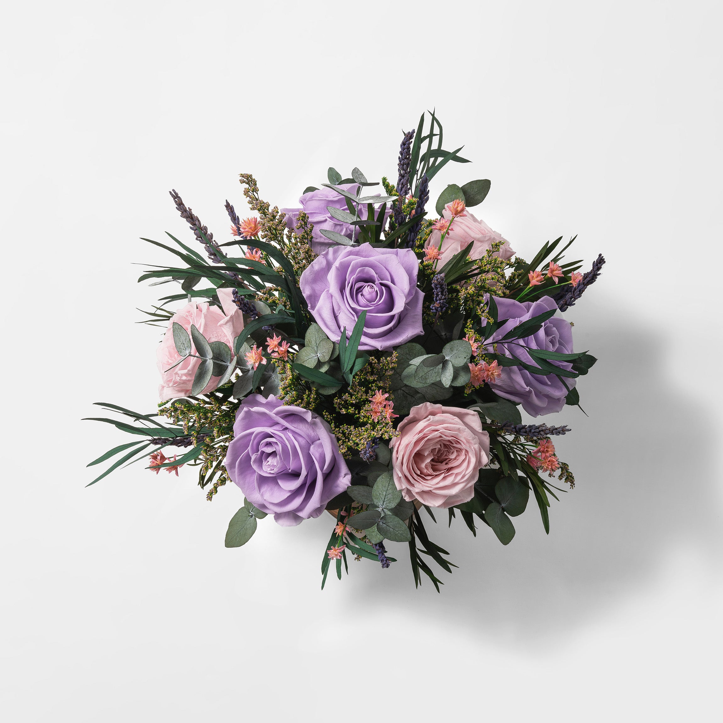 PRESERVED LAVENDER MIXED FLOWER ARRANGEMENT IN GOLD GLASS VASE