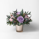 VIOLA - PRESERVED LAVENDER MIXED FLOWER ARRANGEMENT IN GOLD GLASS VASE