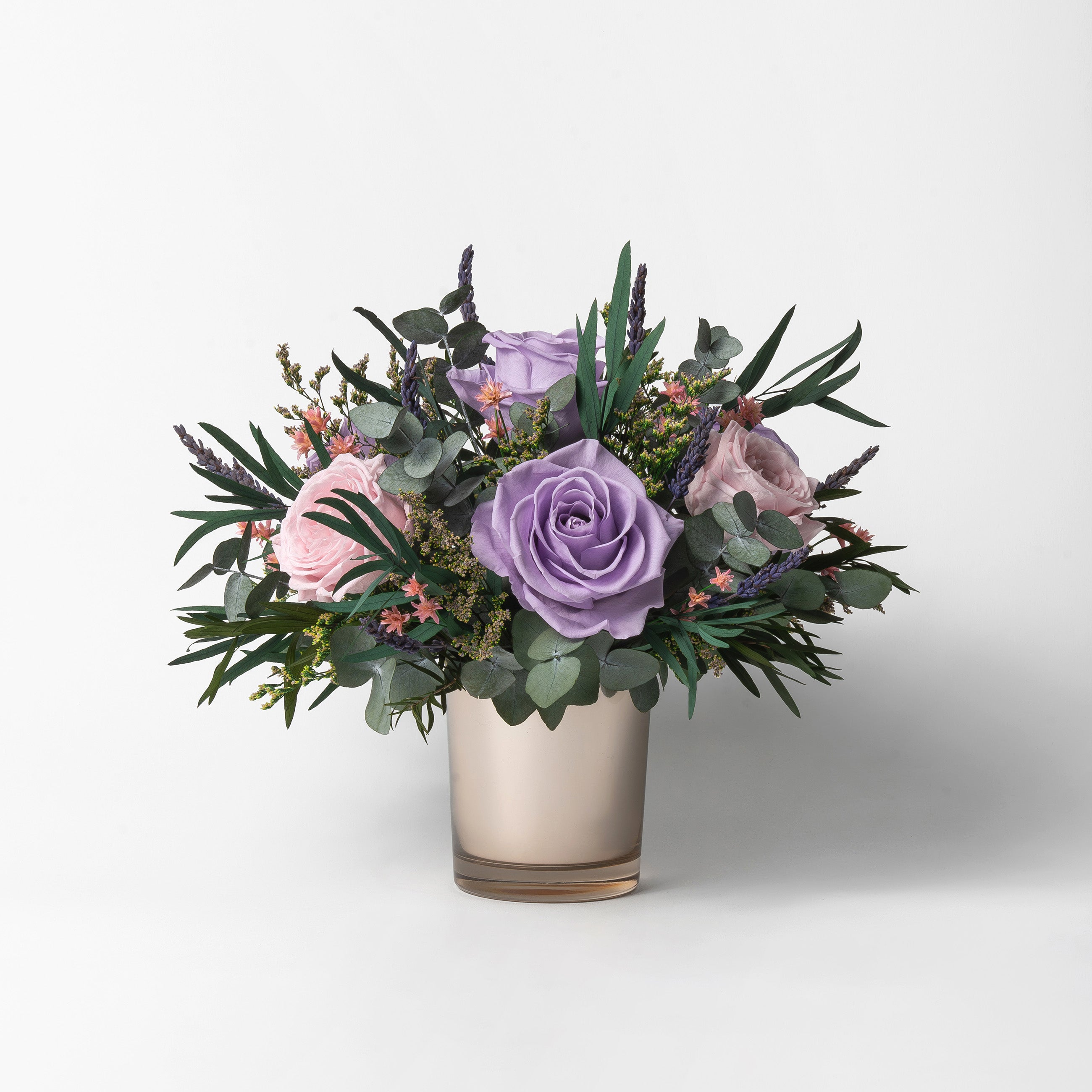 PRESERVED LAVENDER MIXED FLOWER ARRANGEMENT IN GOLD GLASS VASE